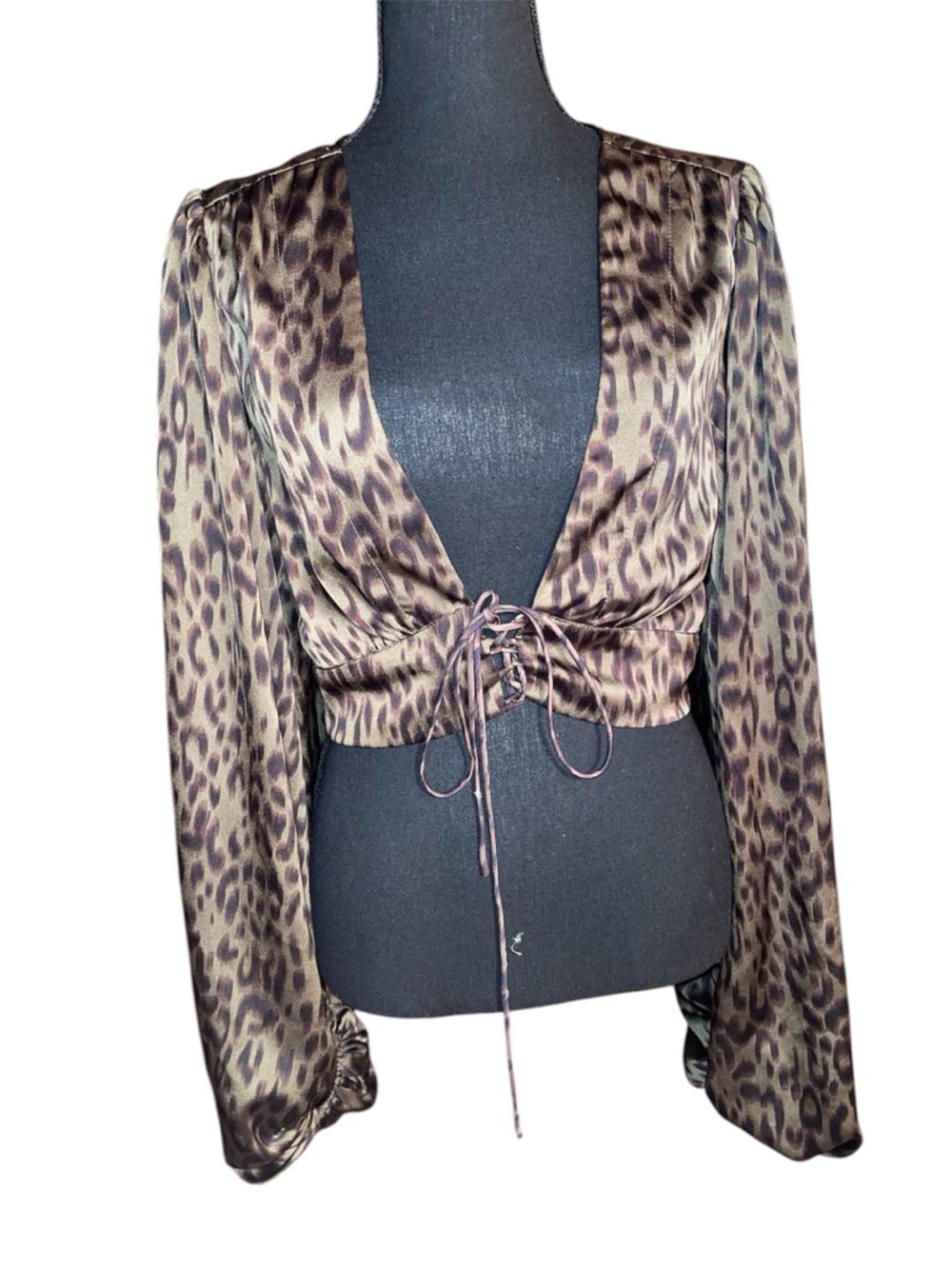 Leopard Print Satin Lace-Up Crop Top - Brown medium